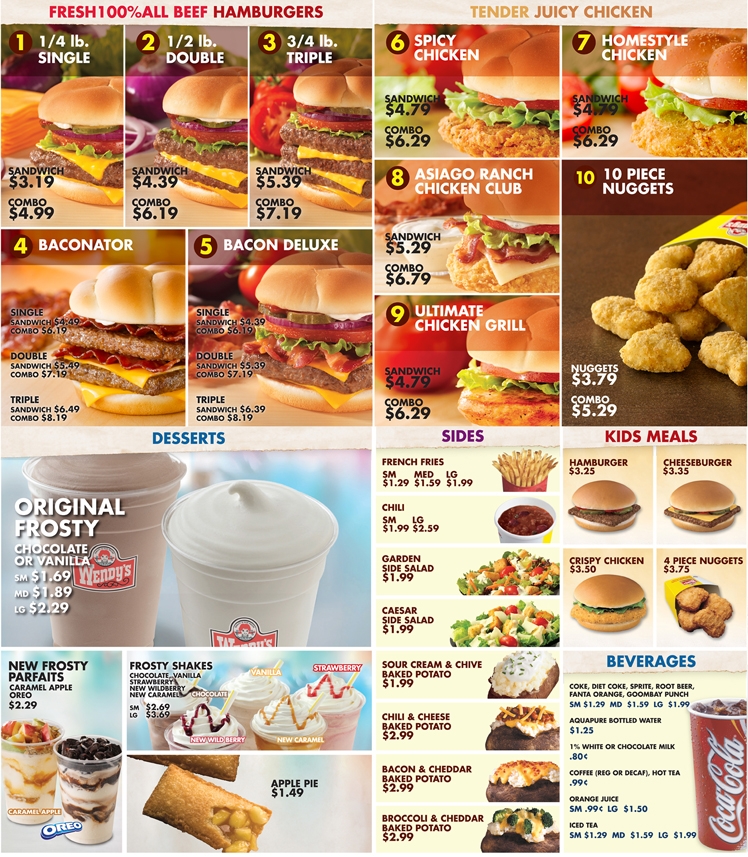 Printable Wendys Menu