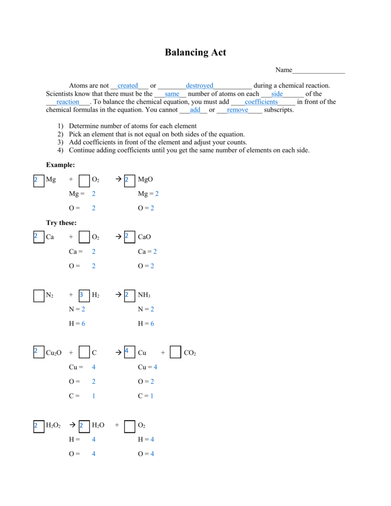 balancing equations practice worksheet answer key