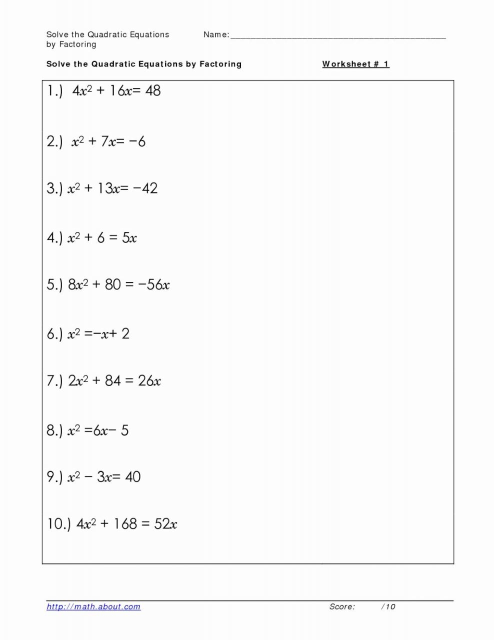 Quadratic Equation Worksheet With Answer Key Equations Worksheets