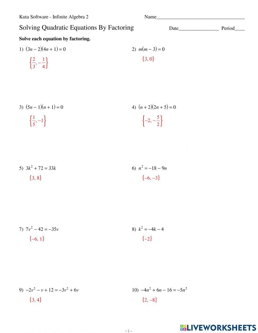Quadratic Equation Worksheets Pdf Quadraticworksheet