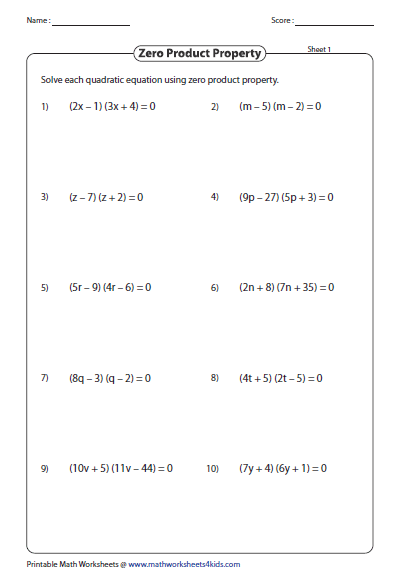quadratic equation worksheets