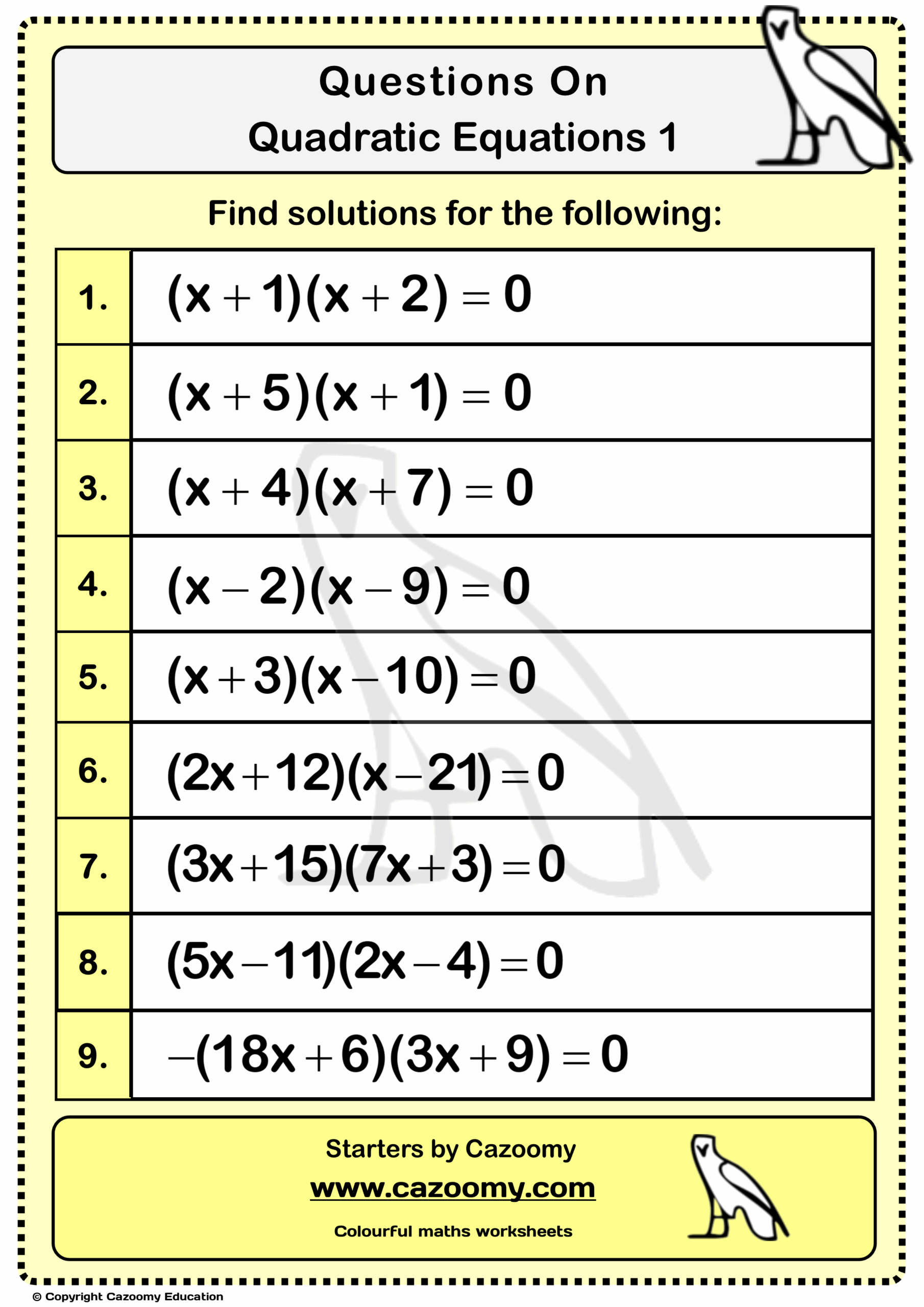 Quadratic Equations Worksheet Quadraticworksheet