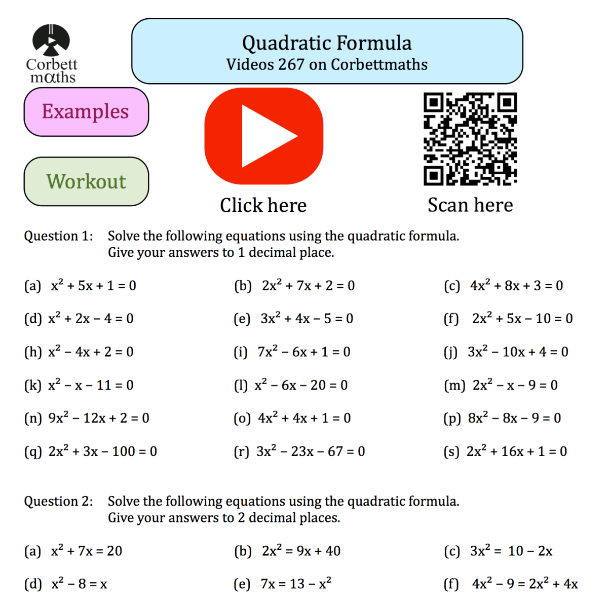Quadratic Formula Textbook Exercise Corbettmaths Worksheets Library