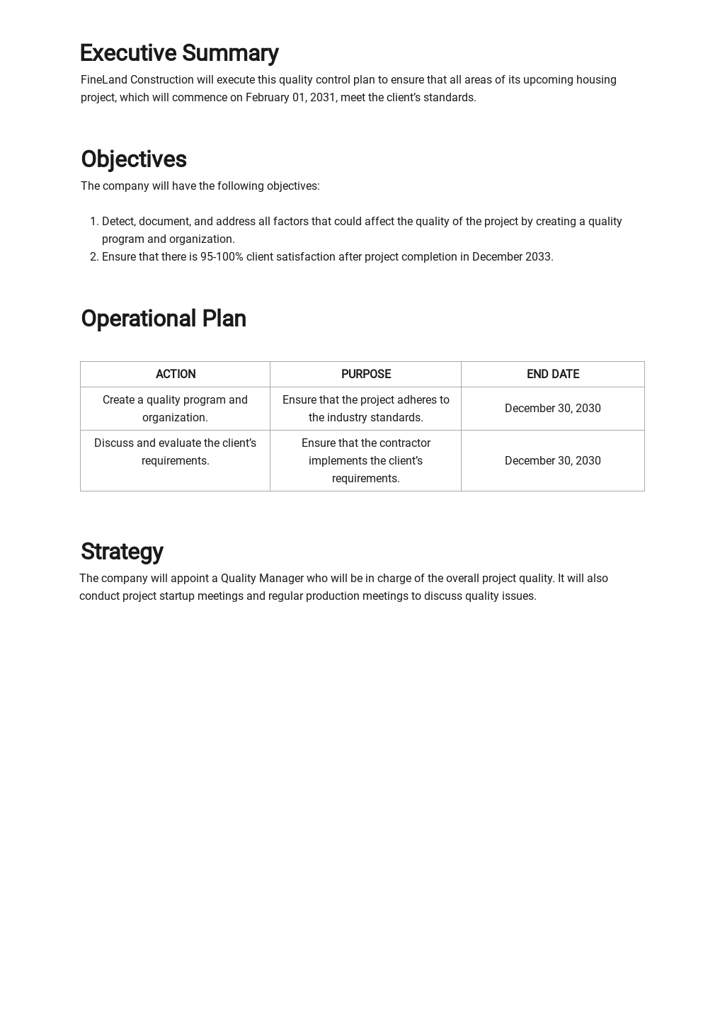 quality control plan template