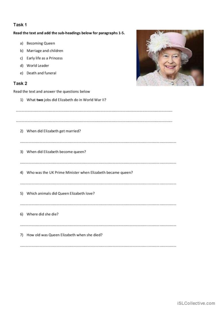 Queen Elizabeth Reading Past Simpl English ESL Worksheets Pdf Doc
