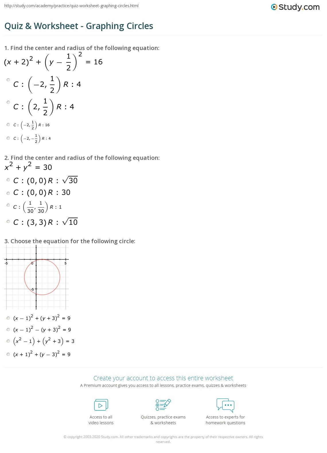 Quiz Worksheet Graphing Circles Study Worksheets Library