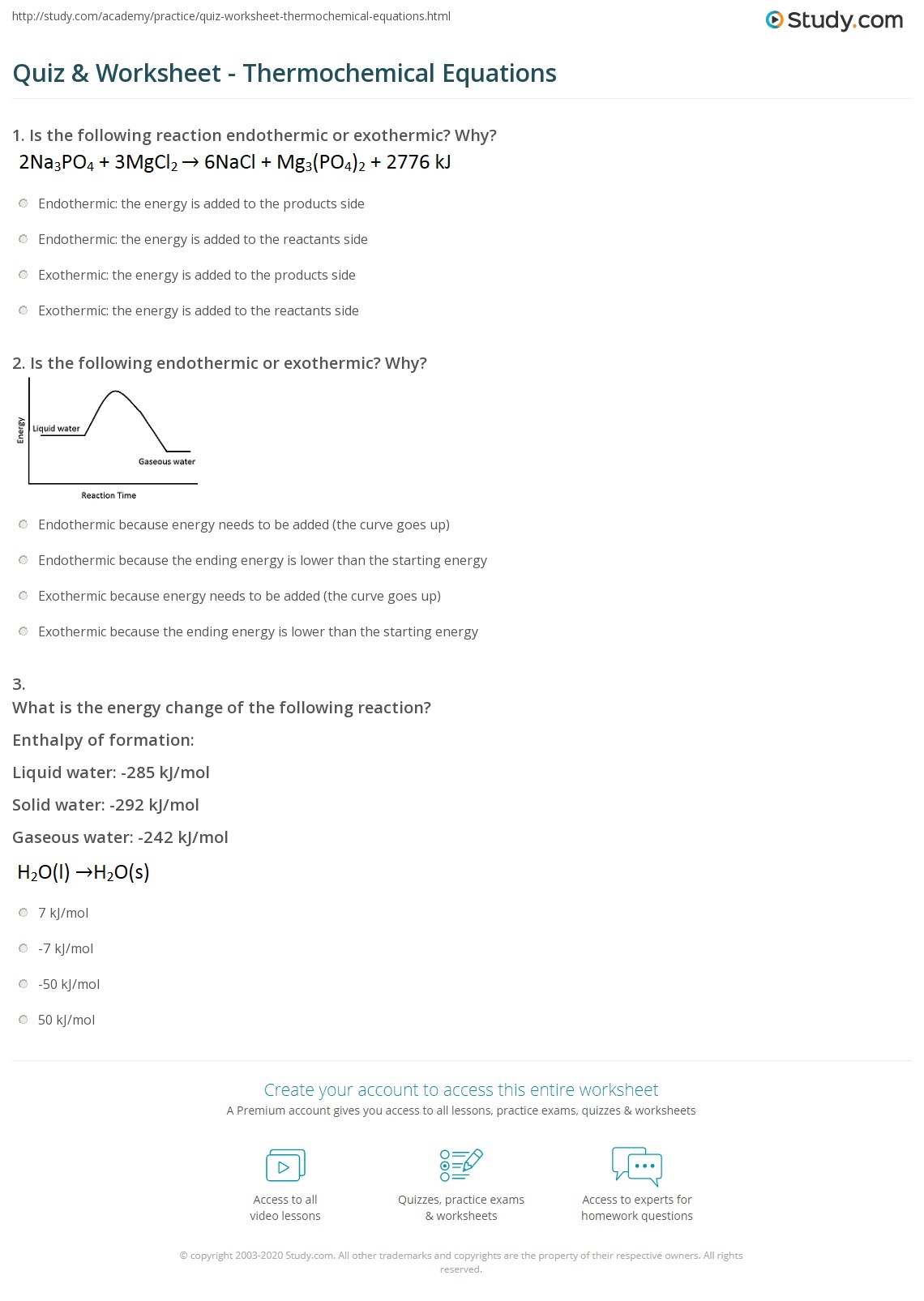 Quiz Worksheet Thermochemical Equations Study Equations Worksheets