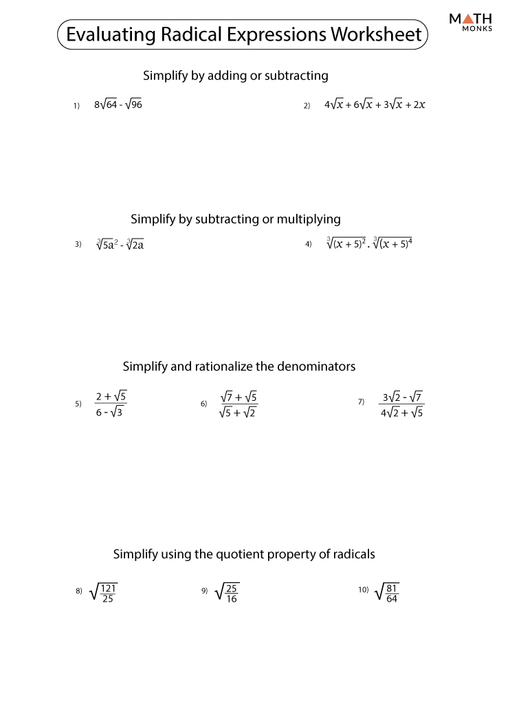 Radicals Worksheets Dividing Radical Expressions Worksheets 