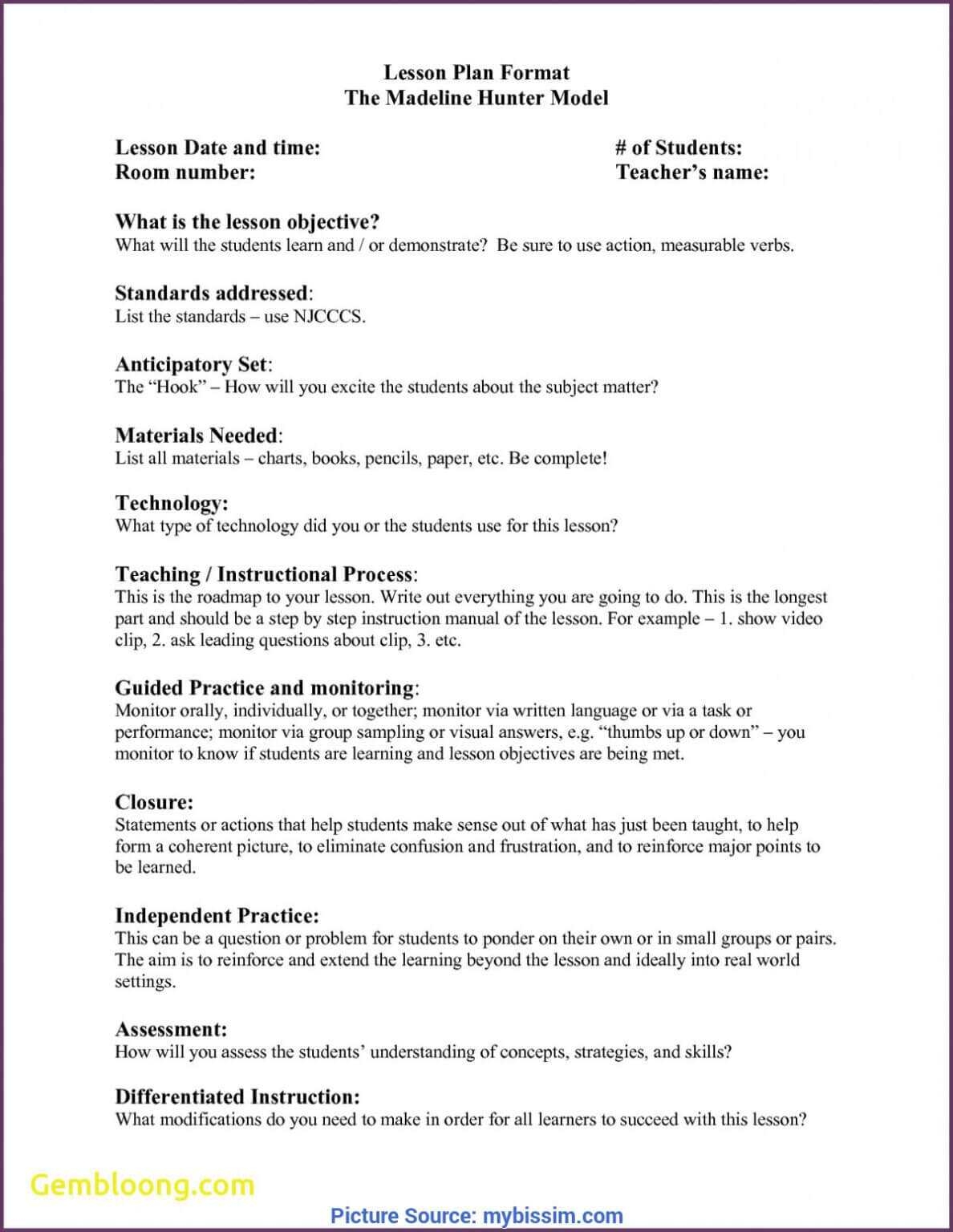 Regular Madeline Hunter Lesson Plan Format Example Elegant 5 In 