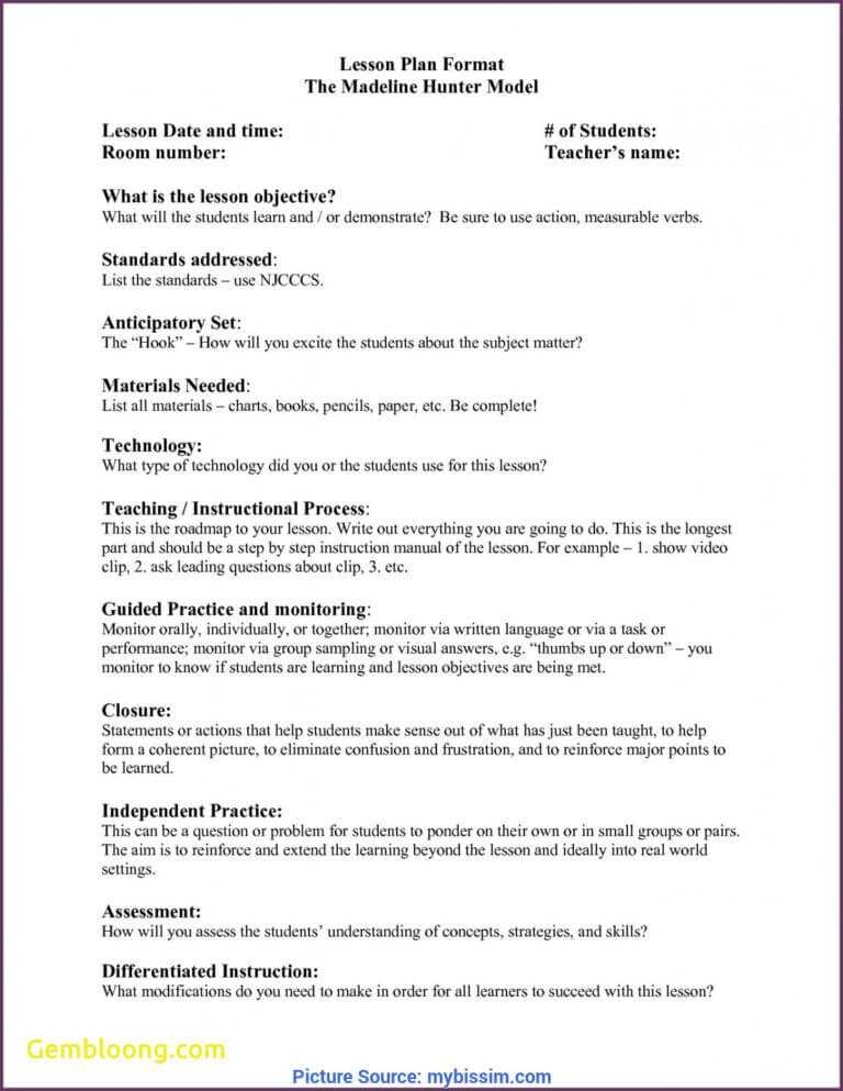 Regular Madeline Hunter Lesson Plan Format Example Elegant 5 In 