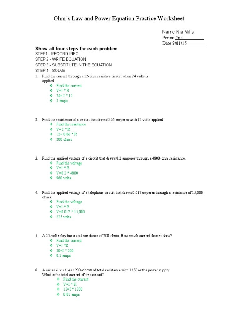 Resistance E Ohm S Law Ohm 39 s Law And Power Equation Practice Db excel