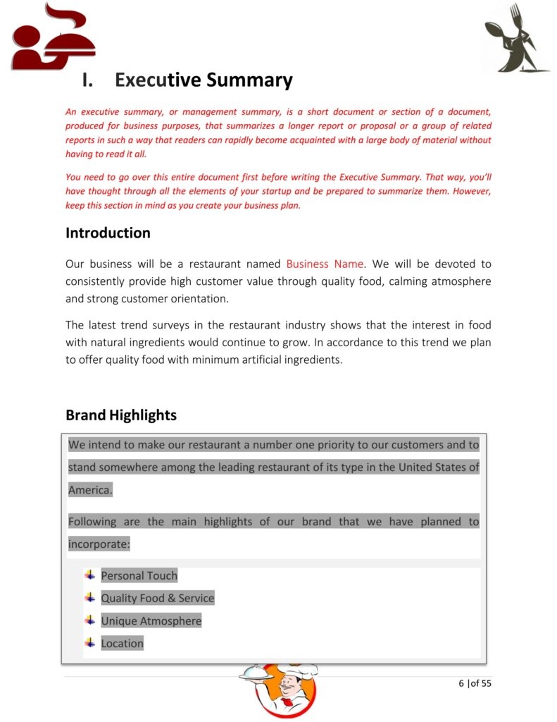 Restaurant Business Plan Template Sample Pages Black Box Business Plans