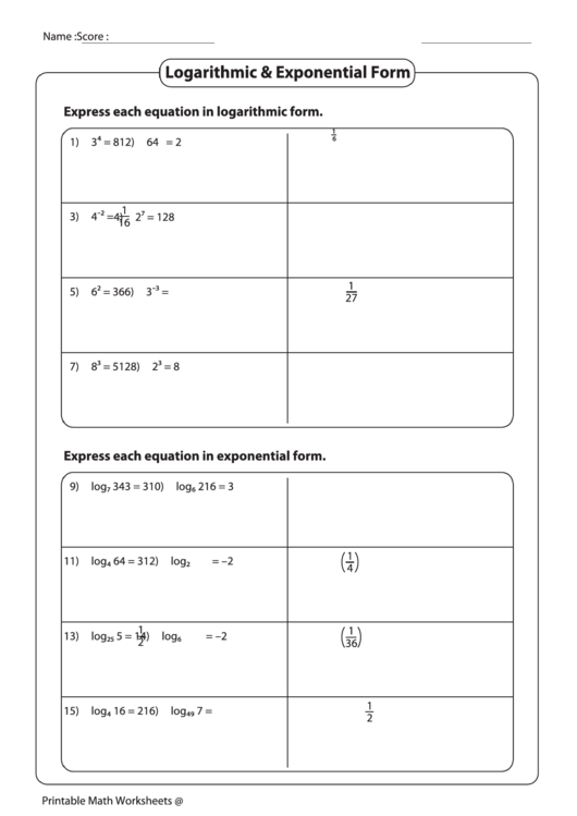 Rewrite Each Equation In Exponential Form Worksheet Tessshebaylo