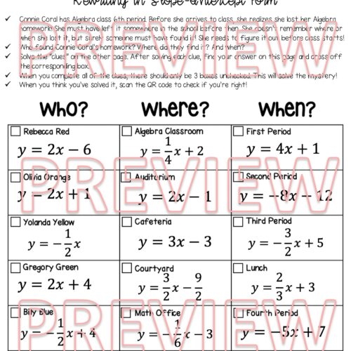 Rewriting Equations Into Slope Intercept Form Clue Mystery 