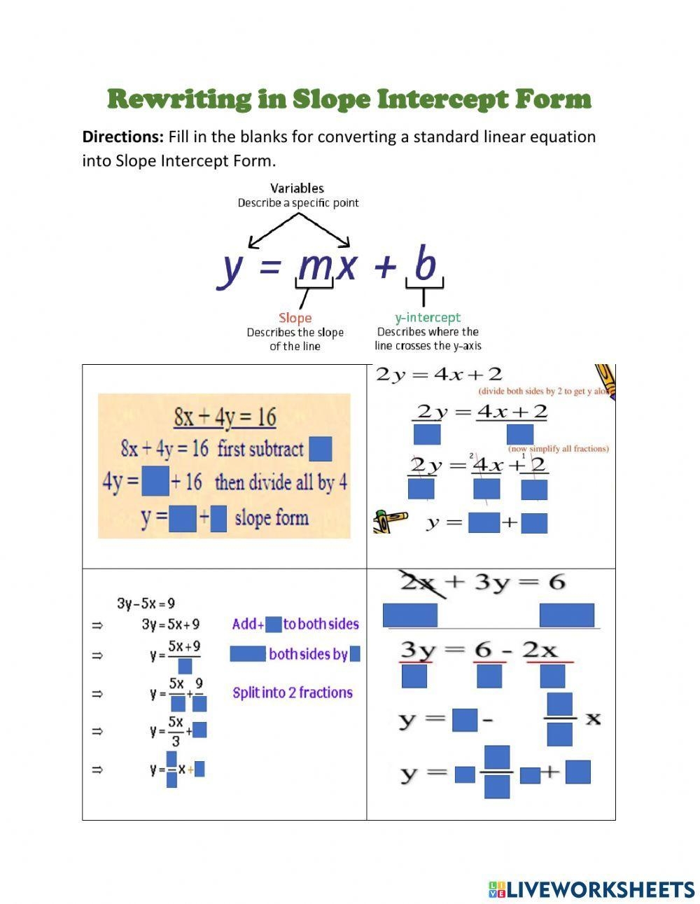 Rewriting Equations To Slope Intercept Form Worksheet Live 