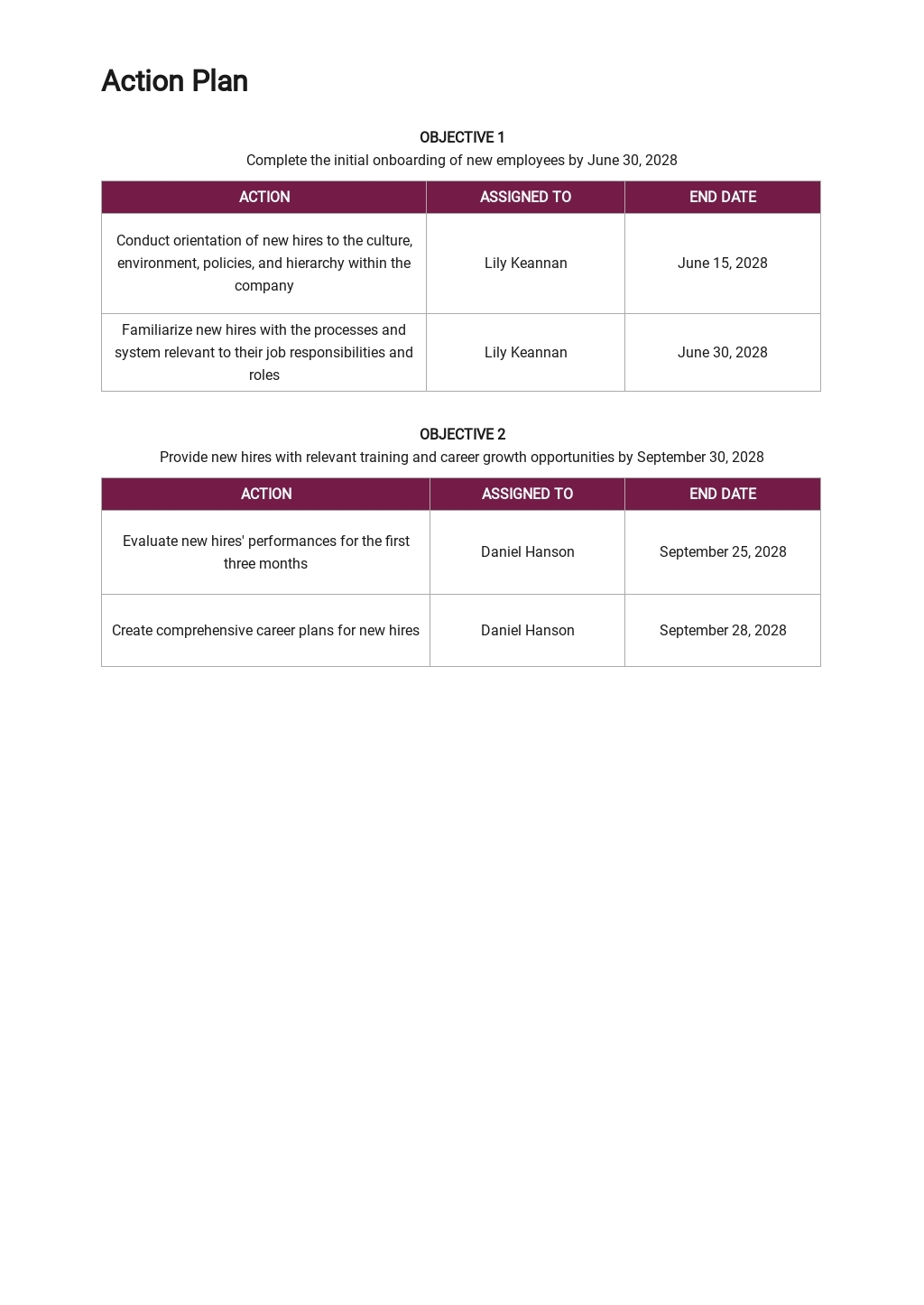 Sample Employee Action Plan Template PDF