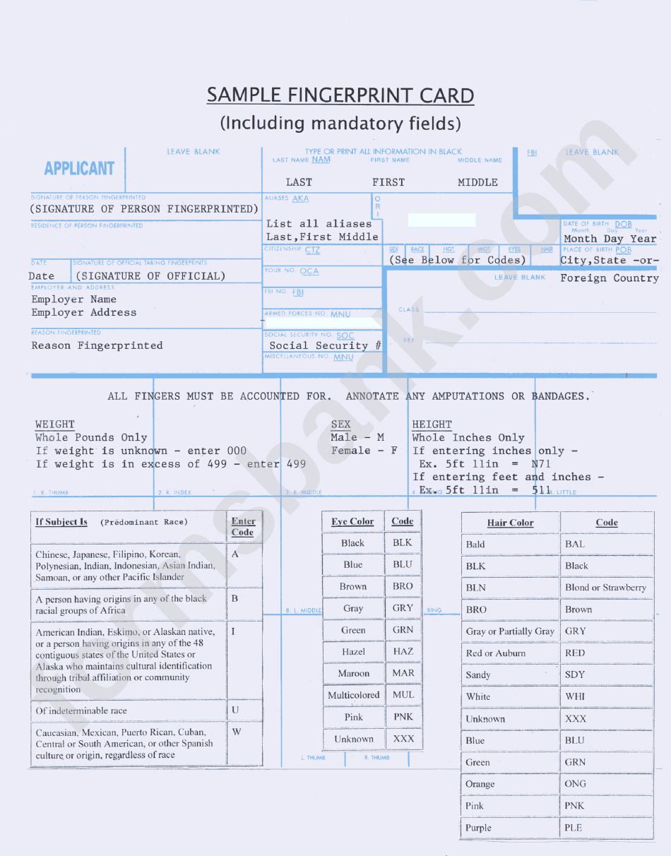 Sample Fingerprint Card Printable Pdf Download