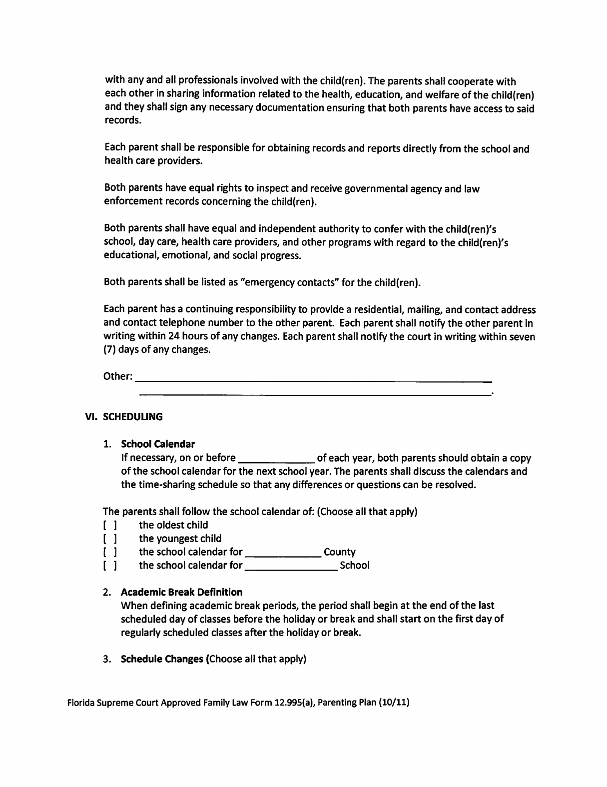 parenting plan template florida