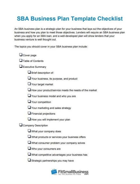 SBA Business Plan Template Checklist