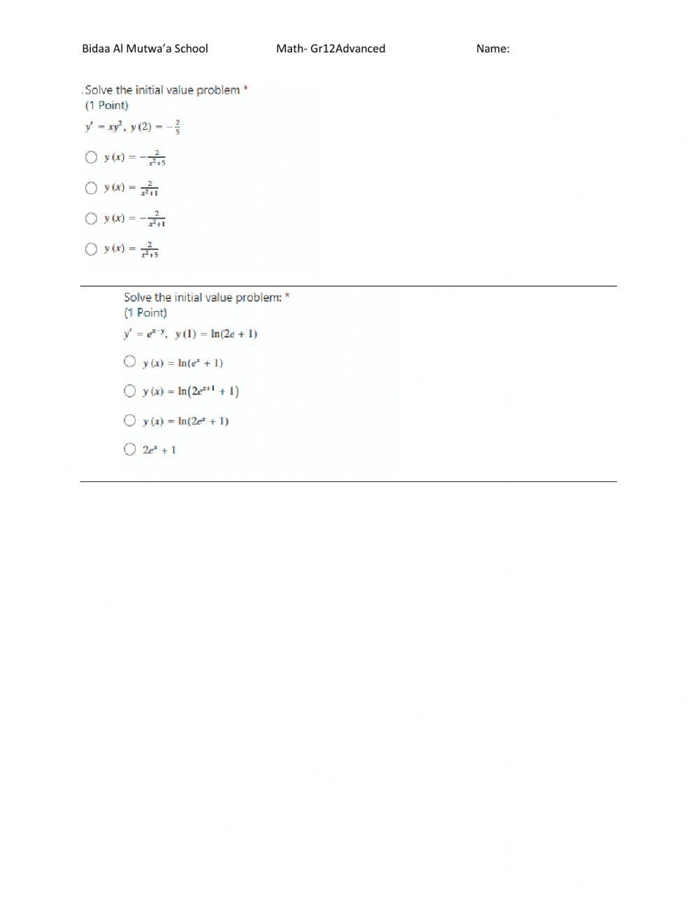 differential equations worksheet