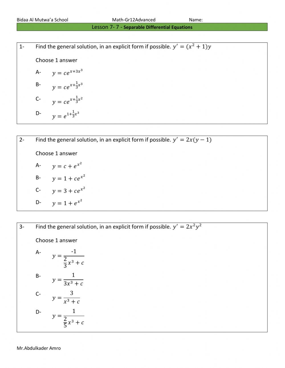 Separable Differential Equations Worksheet Worksheet Equations Worksheets