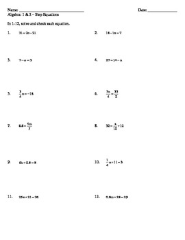 simple two step equations worksheet