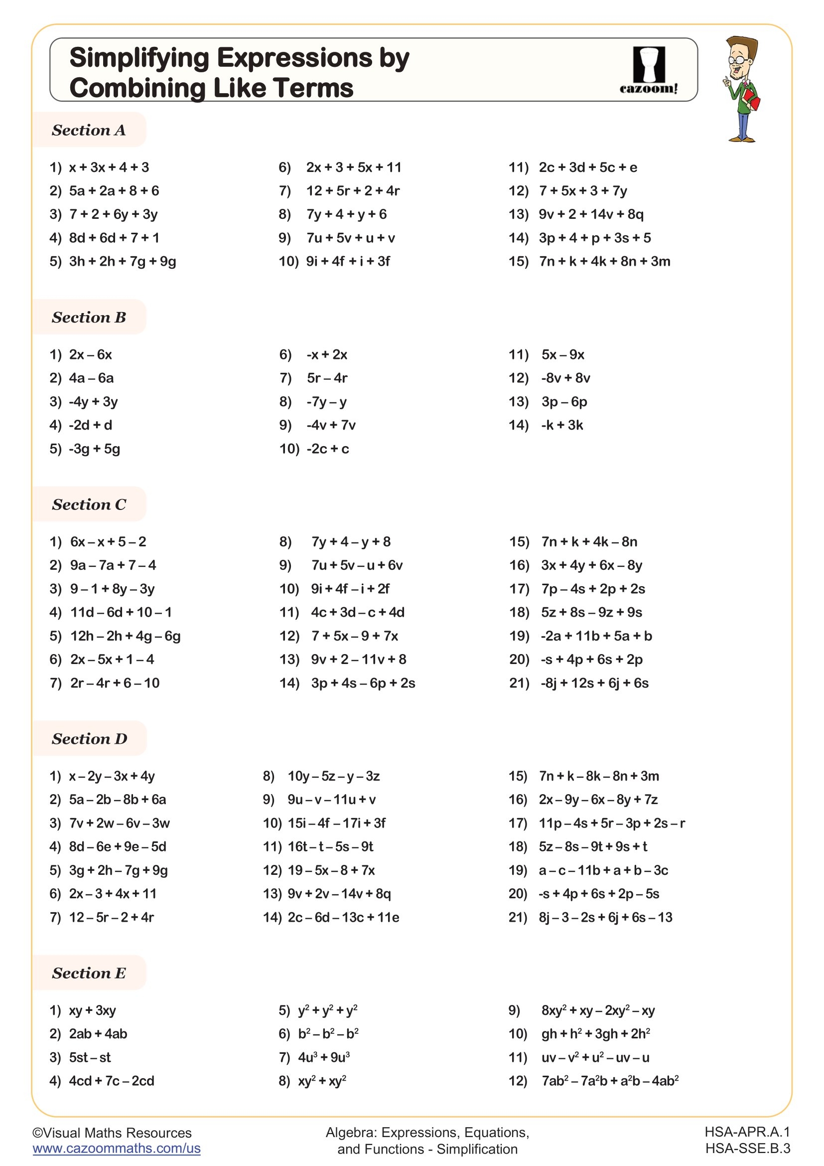 Simplifying Expressions By Combining Like Terms Worksheet 