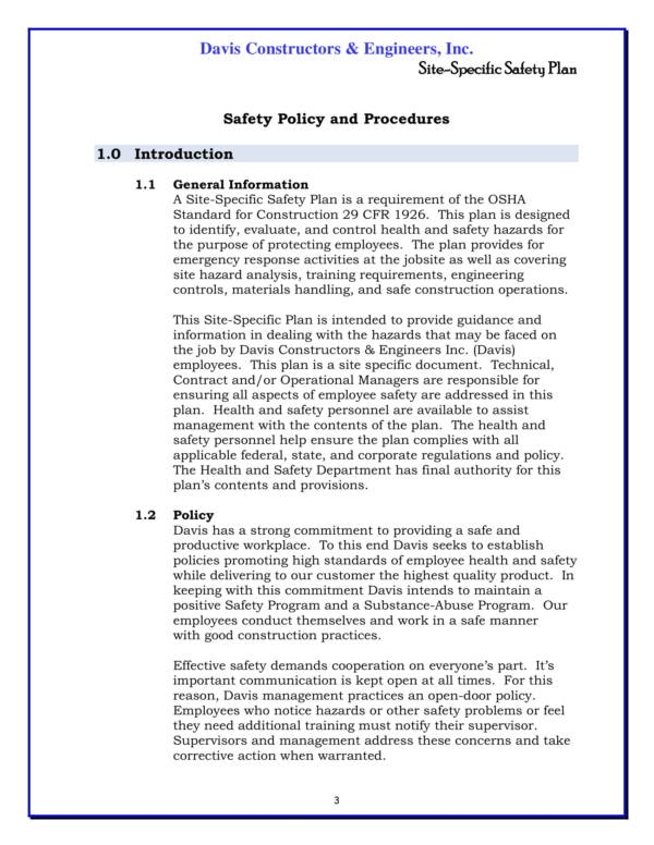 Site Specific Safety Plan Template Word Doc