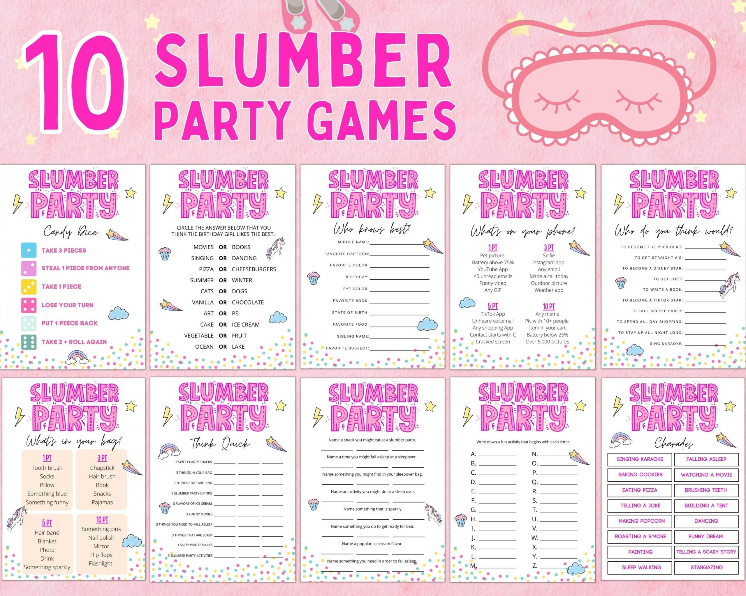 free printable games for slumber parties