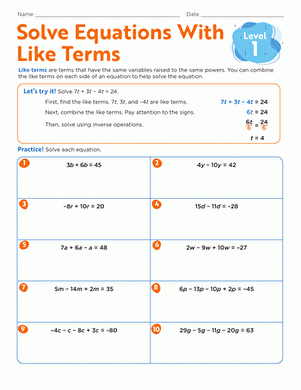 Solve Equations With Like Terms Level 1 Interactive Worksheet 
