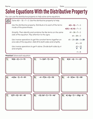 using distributive property to solve equations worksheet
