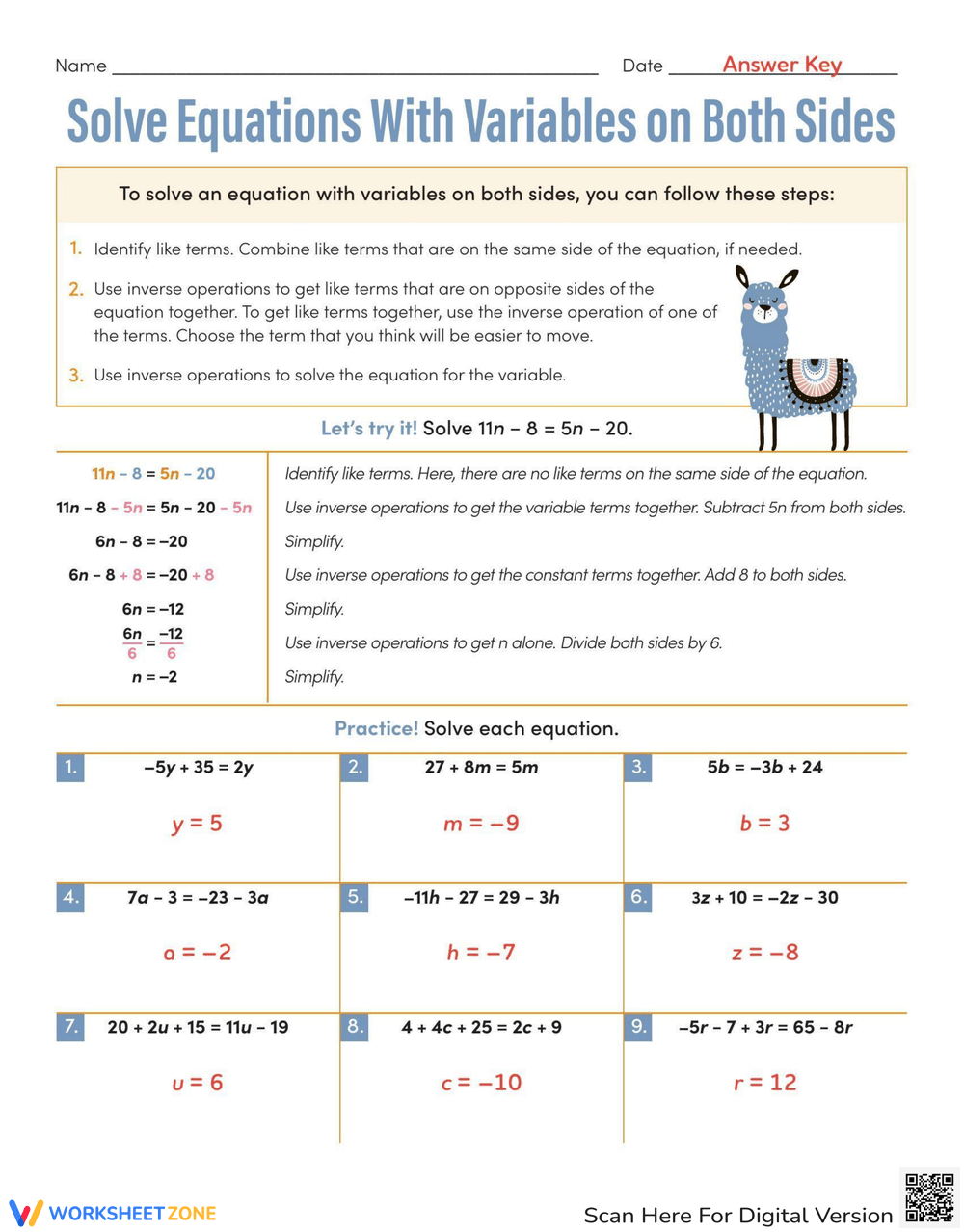 Solve Equations With Variables On Both Sides Worksheet Worksheets Library