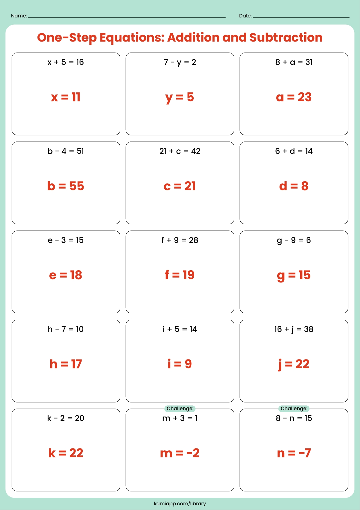 Solve One Step Addition And Subtraction Equations Interactive