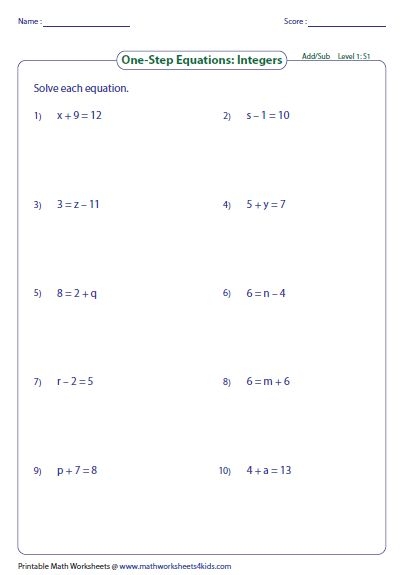 Solve One Step Equation Addition And Subtraction One Equations Worksheets