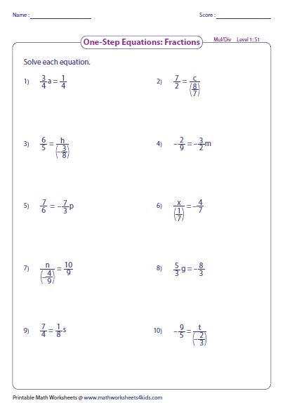 Solve One Step Equation Multiplication And Division One Step 