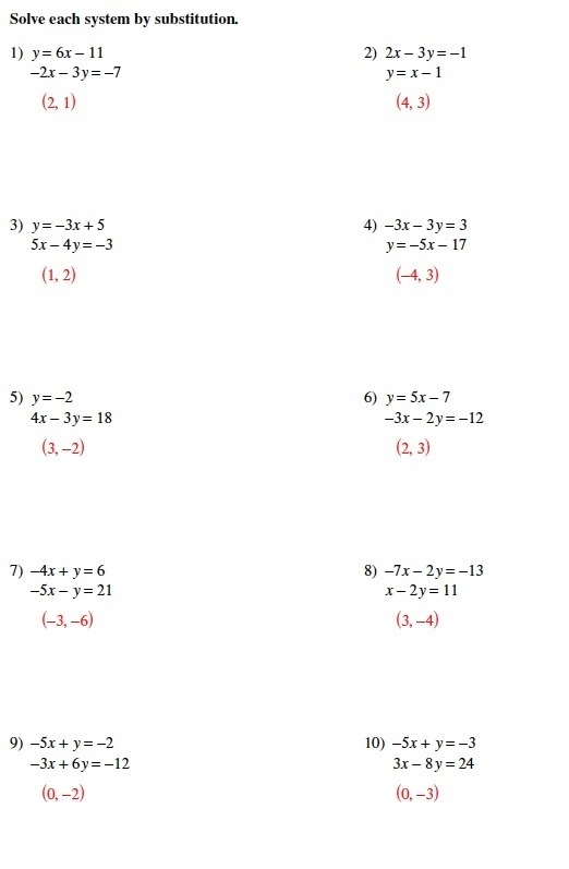 systems of equations solve by substitution worksheet