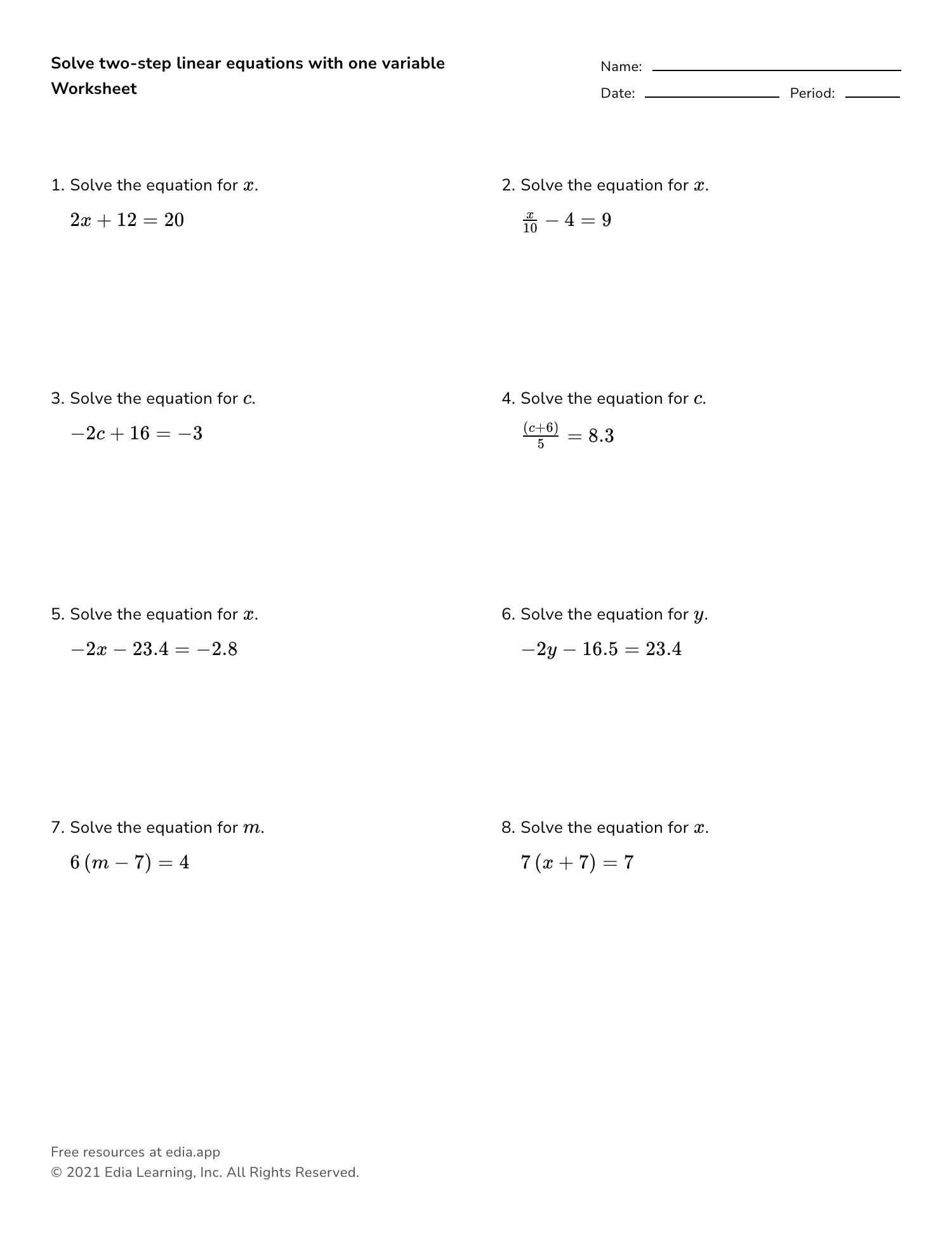 Solve Two step Linear Equations With One Variable Worksheet 