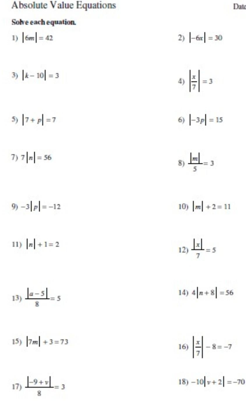 Solved Date Absolute Value Equations Solve Each Equation 1