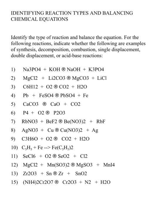 identifying reaction types and balancing equations worksheet answers