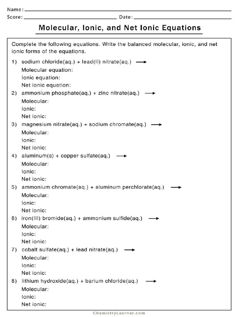 Solved Total And Net Ionic Equations Worksheet Assume All Chegg 
