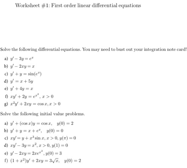 worksheet on differential equations