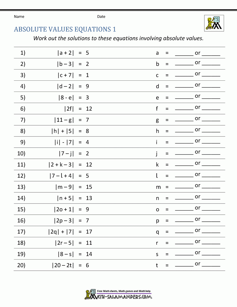 worksheet on absolute value equations