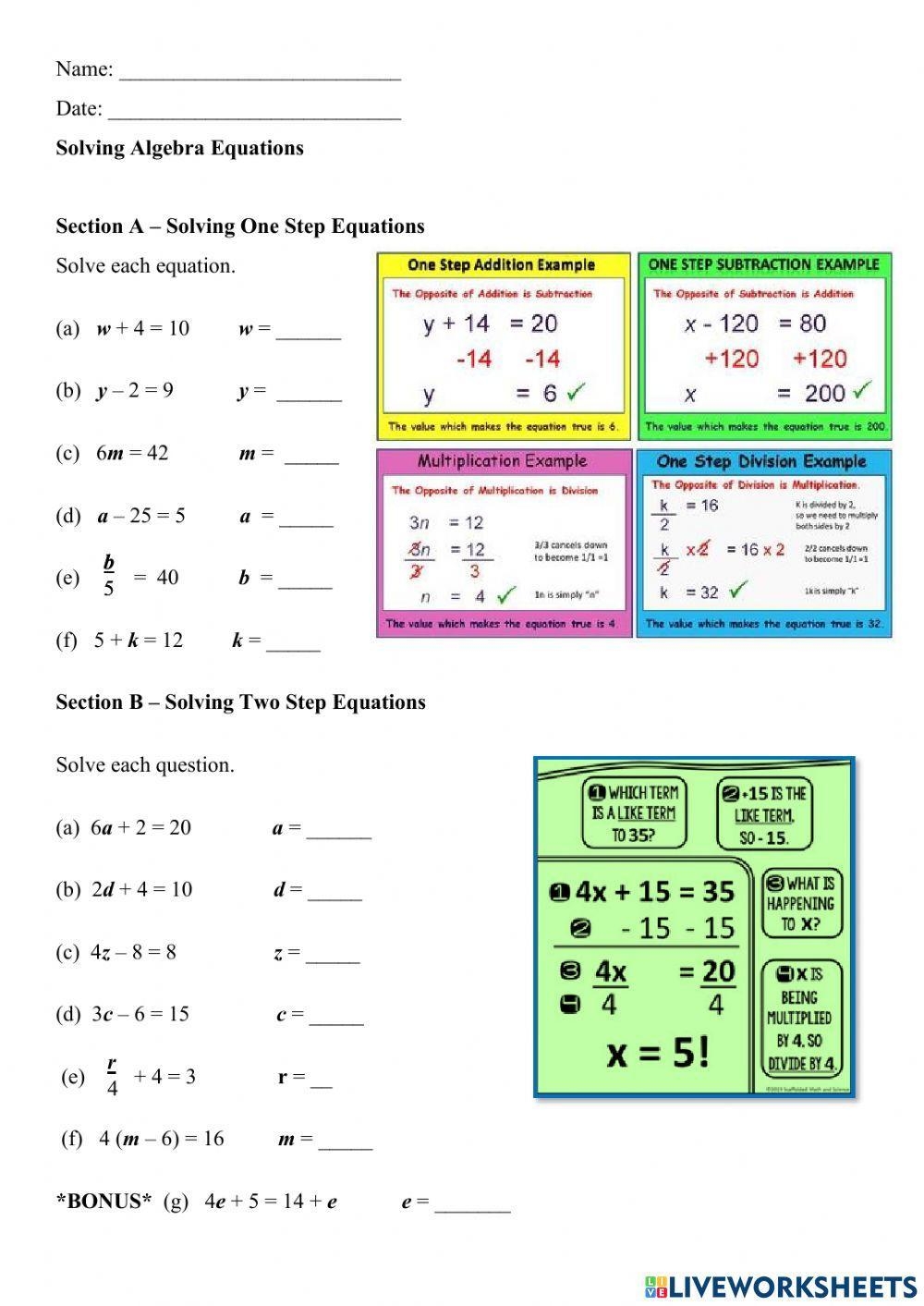 Solving Algebraic Equations Worksheet Live Worksheets Worksheets 