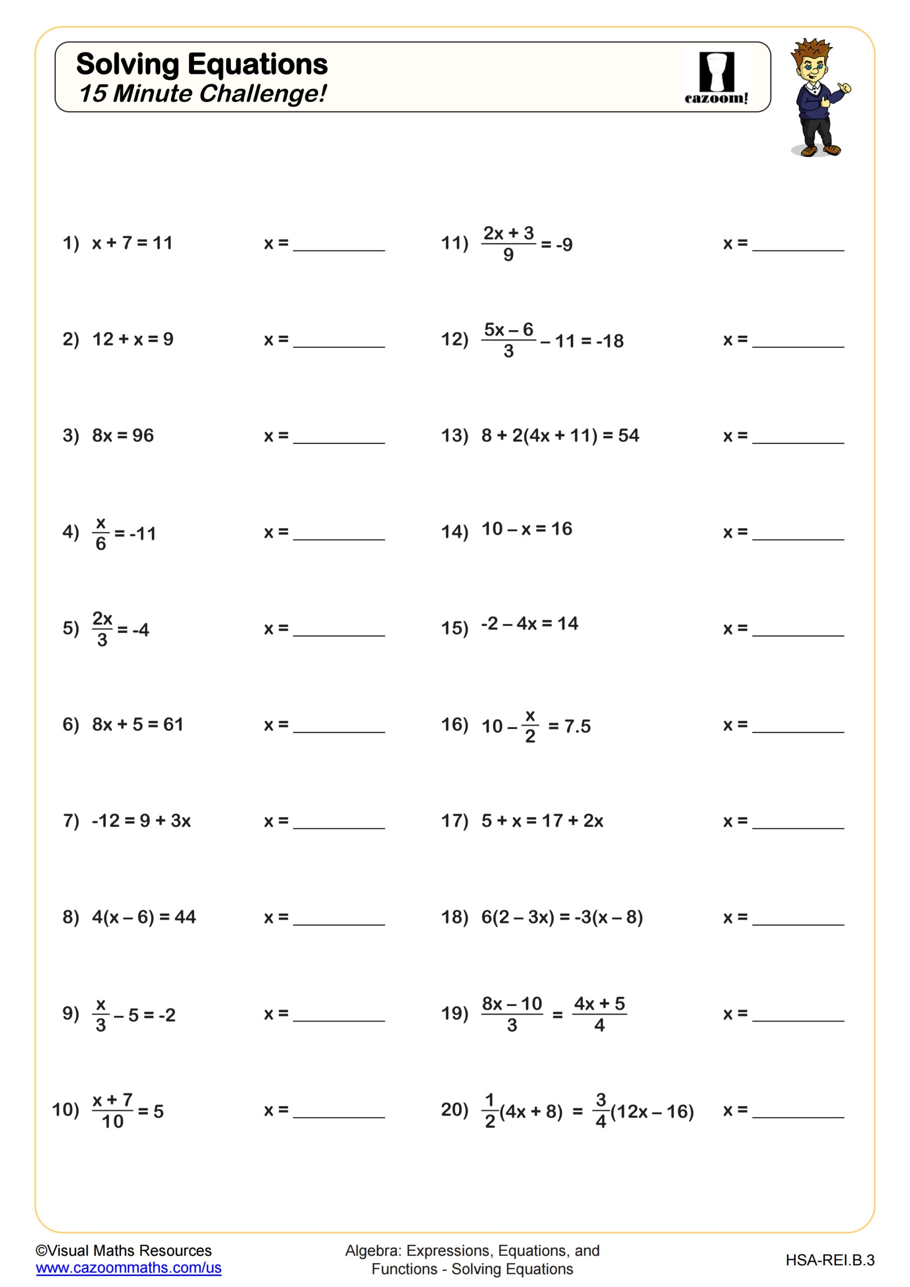 Solving Equations 15 Minute Challenge Worksheet PDF Printable