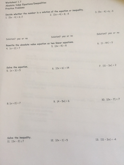 absolute value equations and inequalities review worksheet answers