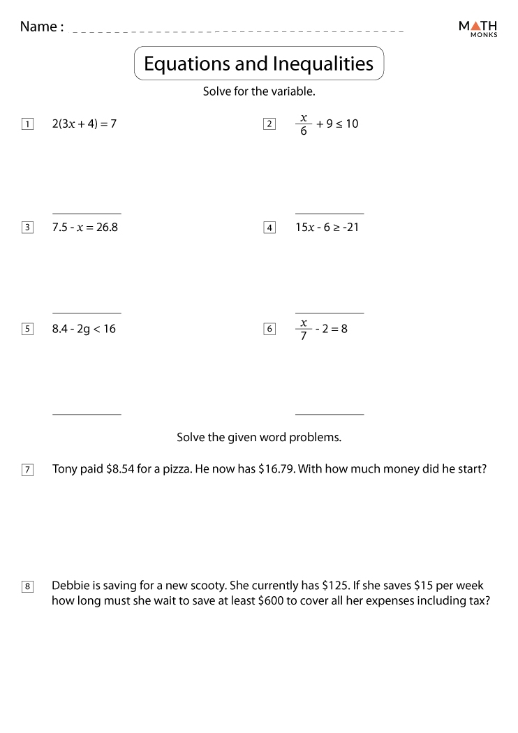 Solving Equations And Inequalities Worksheets With Answer Key