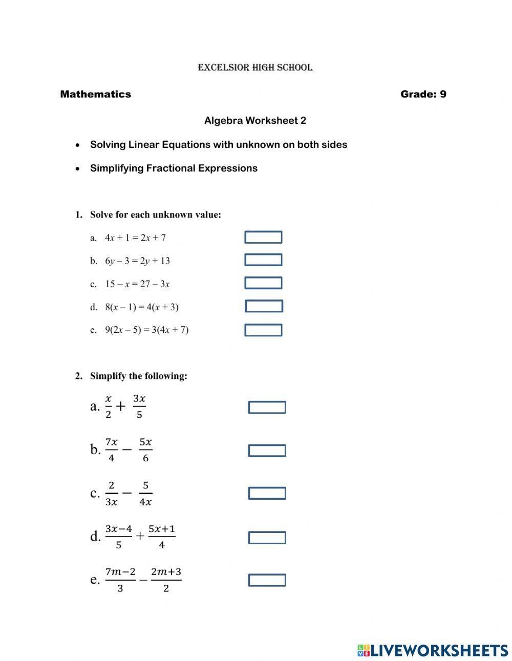 Solving Equations And Simplifying Algebraic Fractions Worksheet 