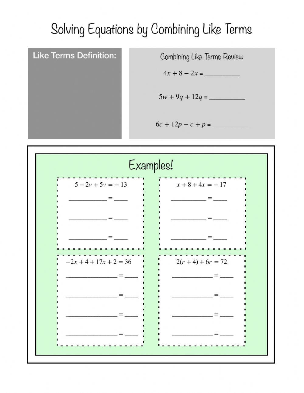 Solving Equations By Combining Like Terms Notes Interactive 