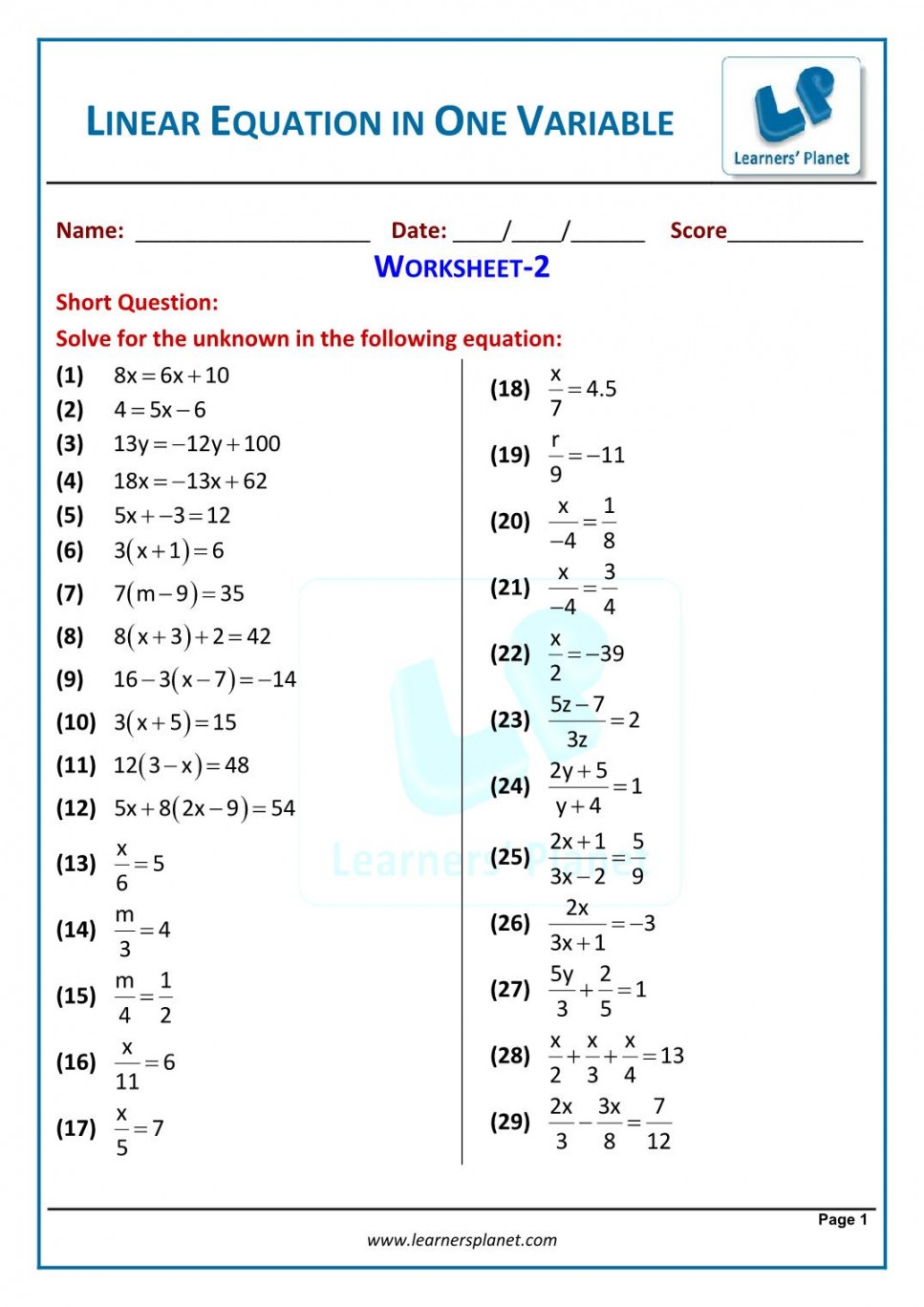 Solving Equations In One Variable Worksheet Printable PDF Template
