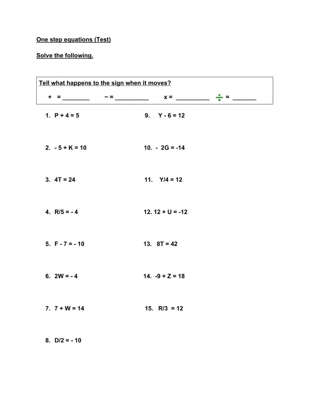 Solving Equations One Step Worksheet Worksheet Ideas Template